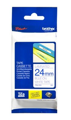 Brother TZe-253 Blue On White Laminated P-Touch Adhesive Labelling Tape 24mm x 8m