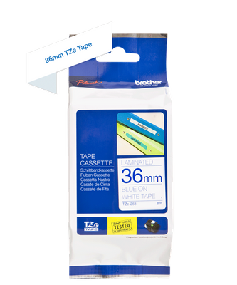 Brother TZe-263 Blue On White Laminated P-Touch Adhesive Labelling Tape 36mm x 8m
