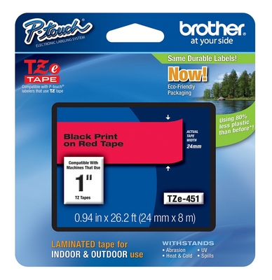 Brother TZe-451 Black On Red Laminated P-Touch Adhesive Labelling Tape 24mm x 8m