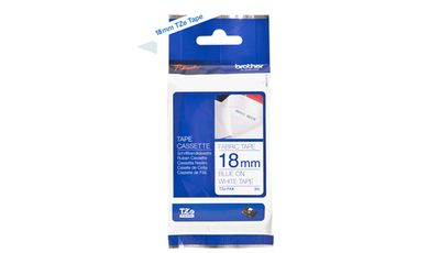 Brother TZE-FA4 Blue On White Adhesive Iron-On Fabric Tape Cassette 18mm x 3m