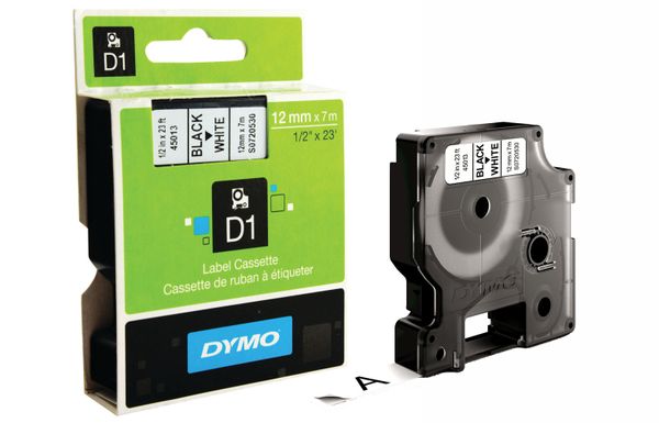 Genuine Dymo D1 45013 Black on White S0720530 12mm x 7M Label Cassette VAT inc 