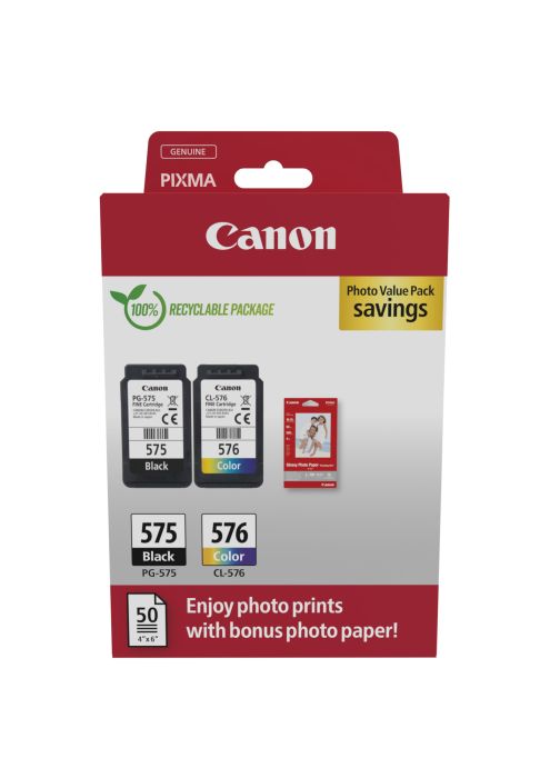 Canon PG-575/CL-576 Black And Tri-Colour & Photo Paper Value Pack - (5438C004)