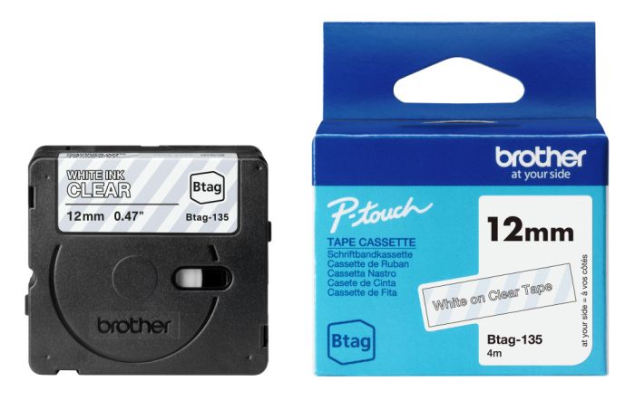 Brother BTAG-135 White On Clear Laminated P-Touch Adhesive Labelling Tape 12mm x 4m