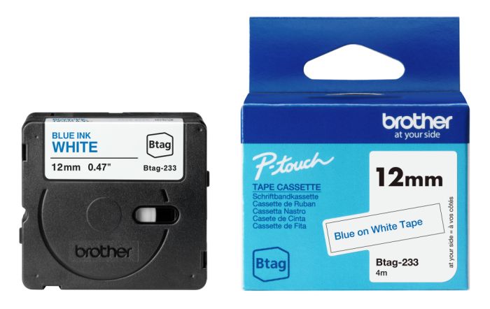 Brother BTAG-233 Blue On White Laminated P-Touch Adhesive Labelling Tape 12mm x 4m