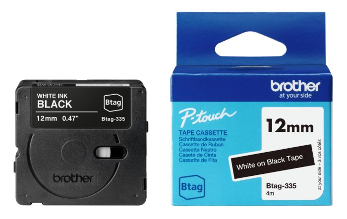 Brother BTAG-335 White On Black Laminated P-Touch Adhesive Labelling Tape 12mm x 4m