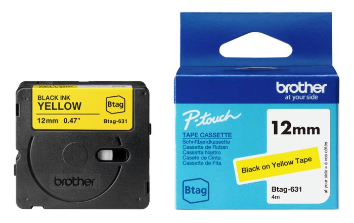 Brother BTAG-631 Black On Yellow Laminated P-Touch Adhesive Labelling Tape 12mm x 4m
