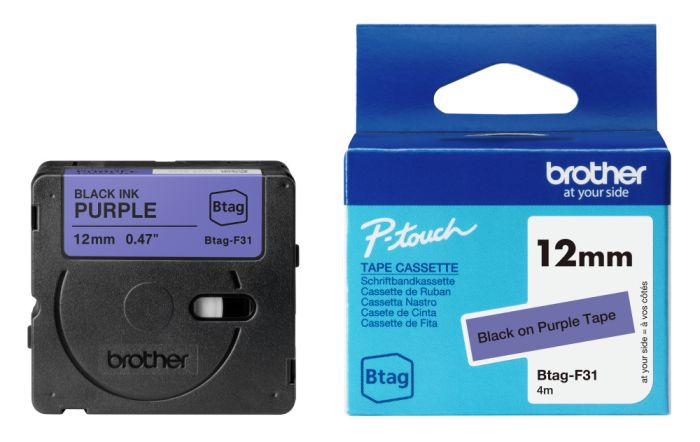 Brother BTAG-F31 Black on Purple Laminated P-Touch Adhesive Labelling Tape 12mm x 4m