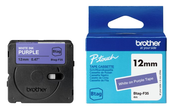 Brother BTAG-F35 White on Purple Laminated P-Touch Adhesive Labelling Tape 12mm x 4m