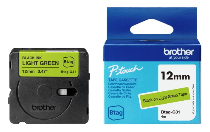 Brother BTAG-G31 Black On Light Green Laminated P-Touch Adhesive Labelling Tape 12mm x 4m