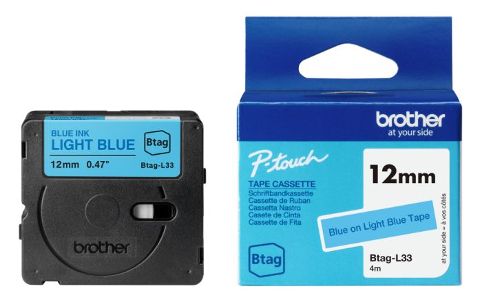 Brother BTAG-L33 Blue on Light Blue Laminated P-Touch Adhesive Labelling Tape 12mm x 4m