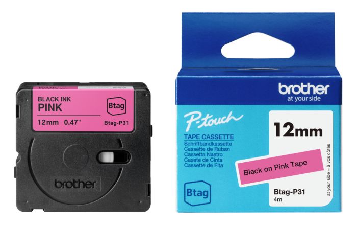 Brother BTAG-P31 Black On Pink Adhesive Labelling Tape 12mm x 4m
