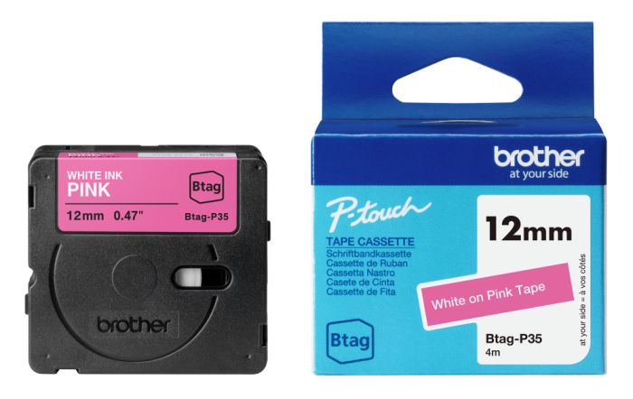 Brother BTAG-P35 White on Pink Laminated P-Touch Adhesive Labelling Tape 12mm x 4m