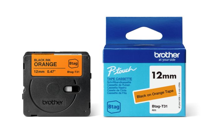 Brother BTAG-T31 Black On Orange Laminated P-Touch Adhesive Labelling Tape 12mm x 4m