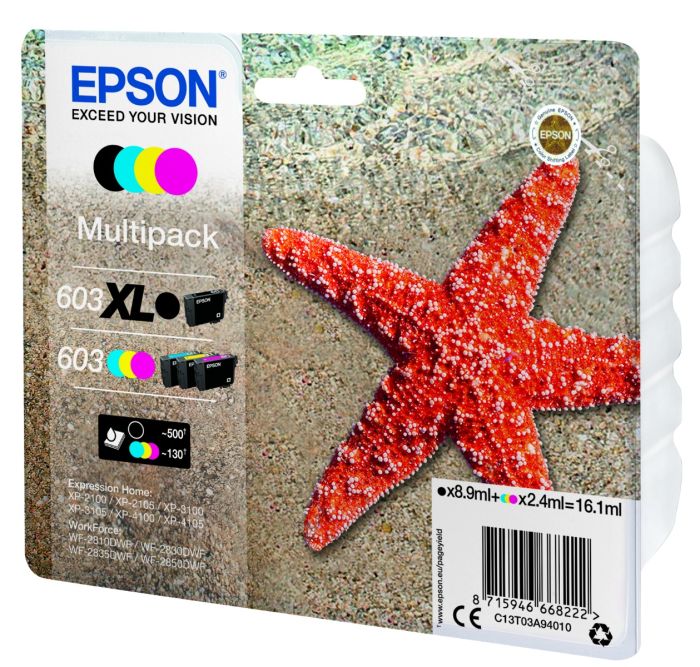Epson 603 / 603XL High Capacity Black & 3 Standard Capacity Colour Ink Cartridge Multipack - (C13T03A94010 Starfish)