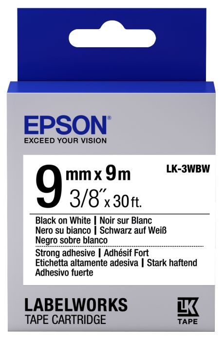 Epson C53S653007 Black on White Strong Adhesive Labelling Tape 9mm x 9m - (LK-3WBW)
