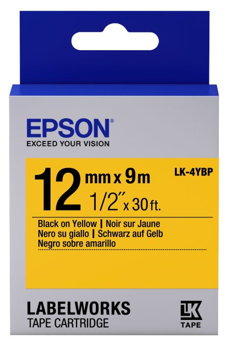 Epson C53S654008 Black on Yellow Labelling Tape 12mm x 9m - (LK-4YBP)