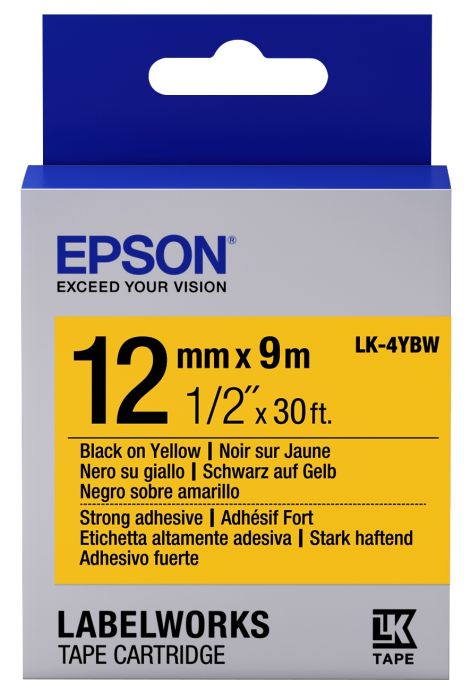 Epson C53S654014 Strong Adhesive Black on Yellow Labelling Tape 12mm x 9m - (LK-4YBW)