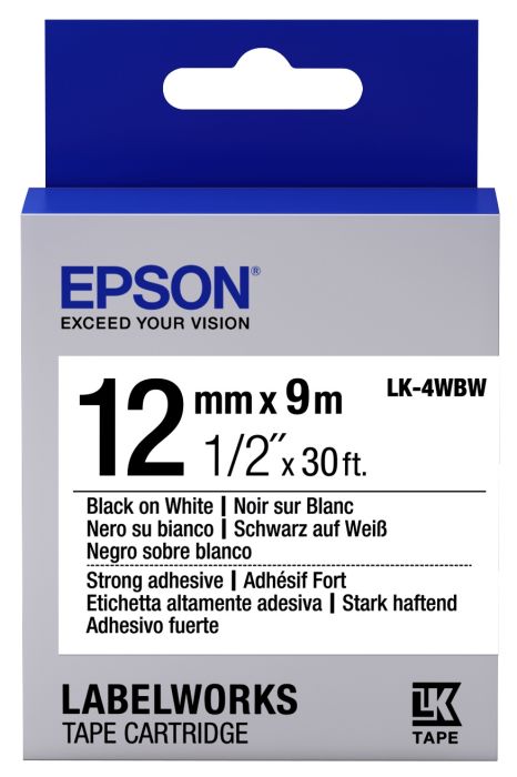 Epson C53S654016 Strong Adhesive Black on White Labelling Tape 12mm x 9m - (LK-4WBW)