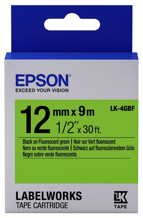 Epson C53S654018 Black on Fluorescent Green Labelling Tape 12mm x 9m - (LK-4GBF)
