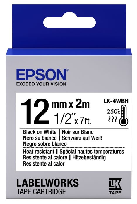 Epson C53S654025 Black On White Heat Resistant Labelling Tape 12mm x 2m - (LK-4WBH)