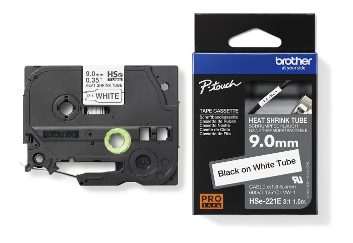 Brother HSE-221E Black On White Heat Shrink Tube Tape 9mm x 1.5m