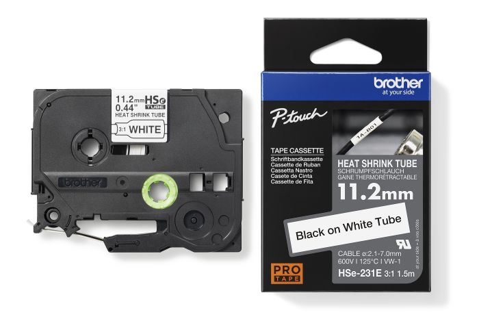 Brother HSE-231E Black On White Heat Shrink Tube Tape 11.2mm x 1.5m