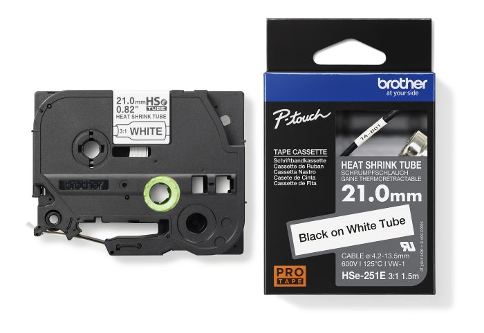 Brother HSE-251E Black On White Heat Shrink Tube Tape 21mm x 1.5m