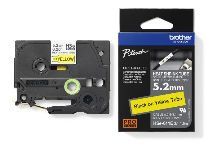 Brother HSE-611E Black On Yellow Heat Shrink Tube Tape 5.2mm x 1.5m