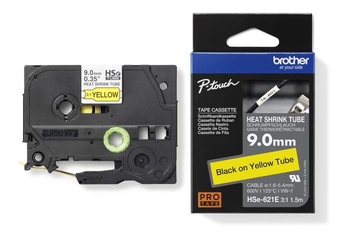 Brother HSE-621E Black On Yellow Heat Shrink Tube Tape 9mm x 1.5m
