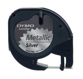 Dymo 91208 Black On Metallic Silver LetraTag Adhesive Label Plastic Tape 12mm x 4m (S0721730)