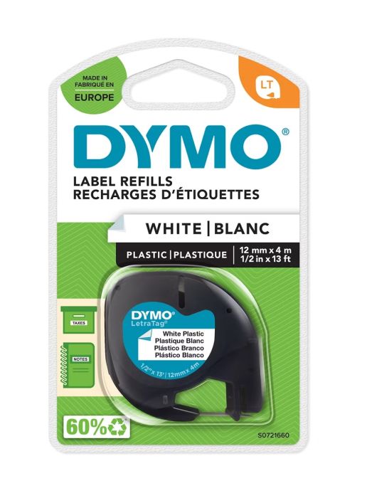 Dymo 91221 Black On White LetraTag Adhesive Label Plastic Tape 12mm x 4m (S0721660)