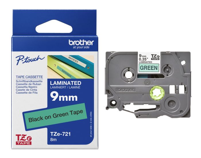 Brother TZe-721 Black On Green Laminated P-Touch Adhesive Labelling Tape 9mm x 8m