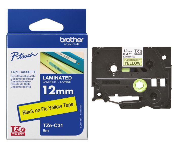 Brother TZe-C31 Black On Fluorescent Yellow Laminated P-Touch Adhesive Labelling Tape 12mm x 5m