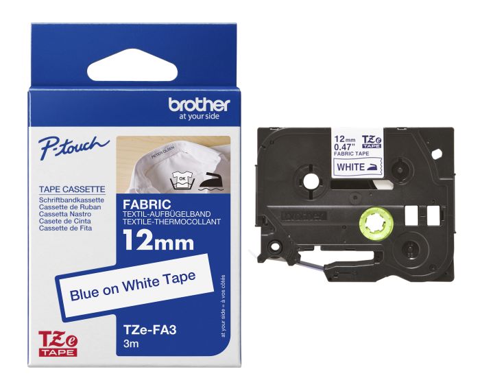 Brother TZe-FA3 Blue On White Fabric P-Touch Adhesive Labelling Tape 12mm x 3m