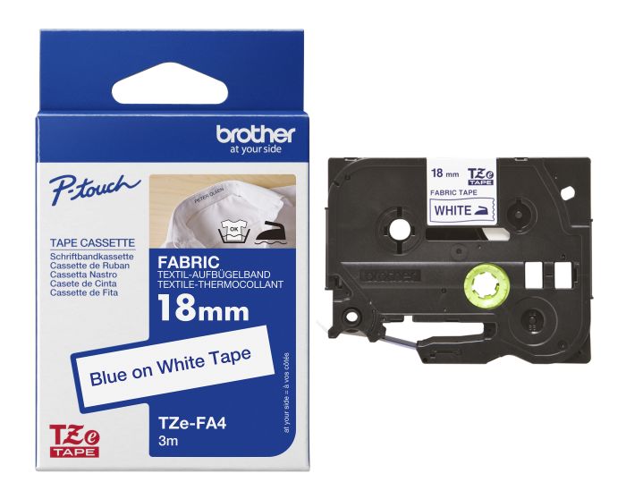 Brother TZE-FA4 Blue On White Adhesive Iron-On Fabric Tape Cassette 18mm x 3m