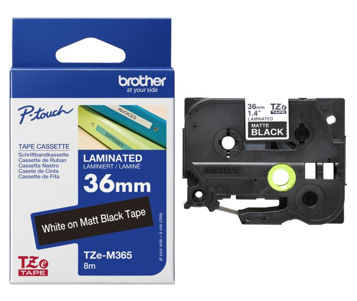 Brother TZe-M365 White On Black Self-Adhesive Matte Laminated Labelling Tape Cassette 36mm x 8m