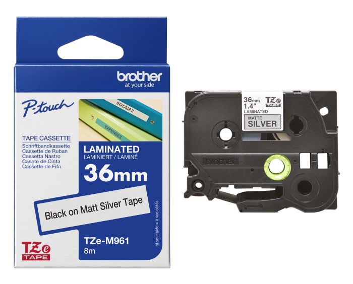 Brother TZe-M961 Black On Silver Metallic Matte Laminated P-Touch Adhesive Labelling Tape 36mm x 8m