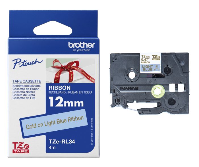 Brother TZE-RL34 Gold On Light Blue Non-Adhesive Ribbon Tape Cassette 12mm x 4m