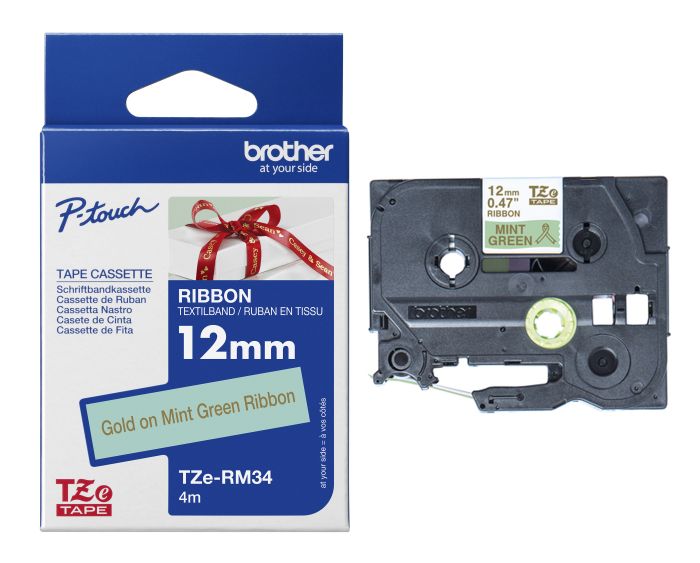 Brother TZE-RM34 Gold On Mint Green Non-Adhesive Ribbon Tape Cassette 12mm x 4m