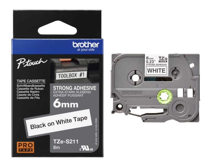 Brother TZe-S211 Black On White Strong Adhesive Laminated P-Touch Labelling Tape 6mm x 8m