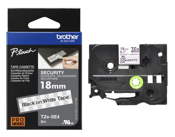 Brother TZE-SE4 Black On White Security Laminated P-Touch Adhesive Labelling Tape 18mm x 8m