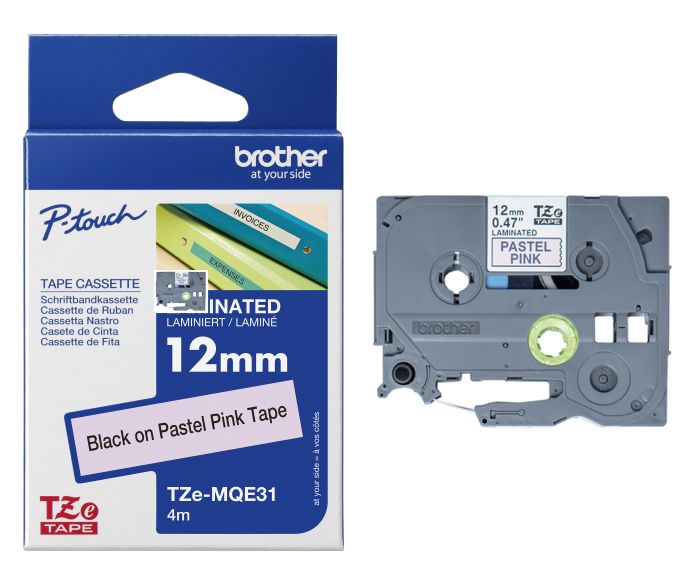 Brother TZEMQE31 Black On Pastel Pink Plastic Adhesive Labelling Tape 12mm x 4m
