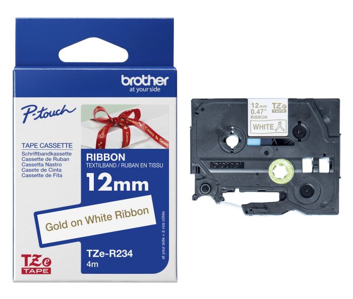 Brother TZER234 Gold On White Fabric Labelling Tape 12mm x 4m