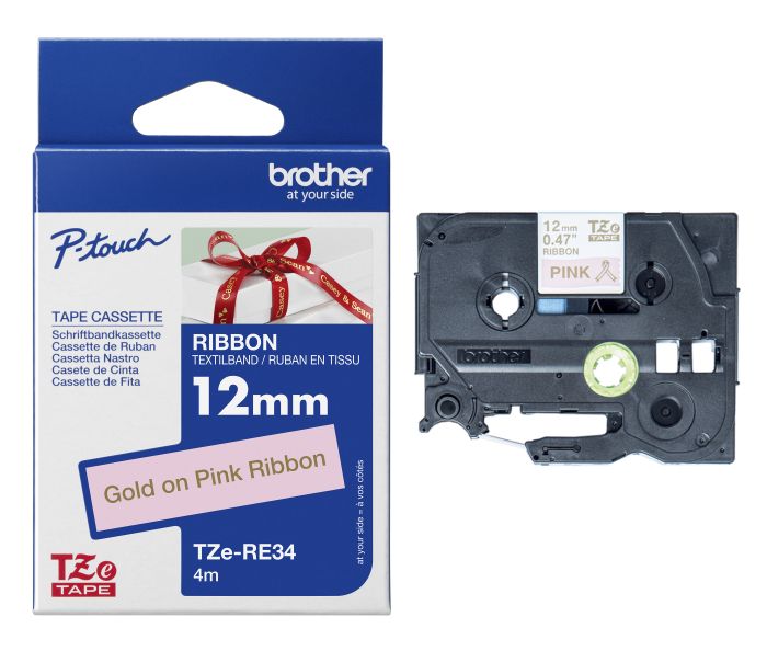 Brother TZERE34 Gold On Pink Fabric Labelling Tape 12mm x 4m