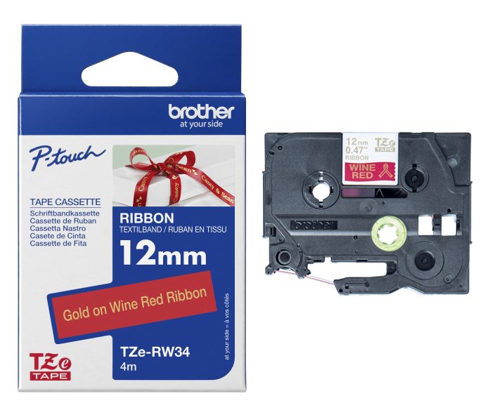 Brother TZERW34 Gold On Wine Red Fabric Labelling Tape 12mm x 4m